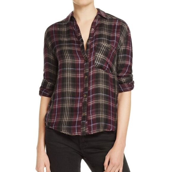 Free People Joplin Plaid Button Up Shirt. Purple M#26 - Picture 1 of 14